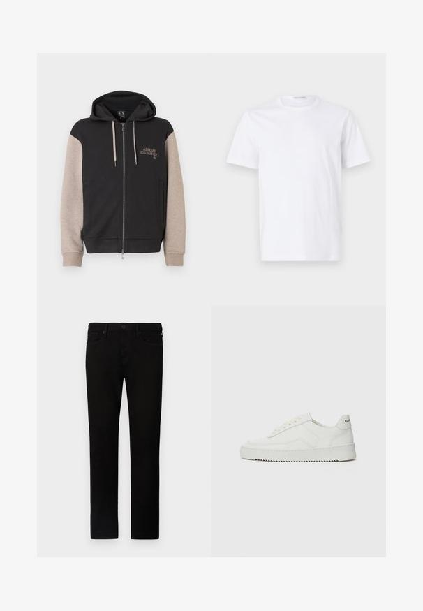 Mikina s kapucňou na zips, čierne telo a béžové rukávy. Materiál je mäkký so hladkou textúrou. Logo značky na hrudi v kontrastnej farbe.; Biely bavlnený tričko s okrúhlym výstrihom a krátkymi rukávmi. Hladká textúra, rovný strih a minimalistický dizajn bez vzorov alebo akcentov.; Čierne denimové nohavice s rovný strihom, so zapínaním na gombík, piatimi vreckami a jemnými švovými detailmi. Mäkkučký povrch a hladký finiš.; Biele kožené tenisky s hladkým povrchom, okrúly špičkový dizajn, ploché šnúrky a textúrovaná podrážka. Obsahujú jemné logo na päte.