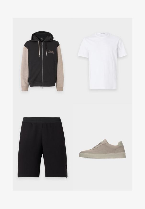 Hættetrøje med lynlås og sort krop samt beige ærmer. Materialet er blødt med en glat tekstur. Brandlogo på brystet i kontrastfarve.; Hvid bomulds t-shirt med rund halsudskæring og korte ærmer. Glat tekstur, lige snit og minimalistisk design uden mønstre eller accenter.; Nye sorte træningsshorts lavet af blødt stof, med en tætsiddende elastisk talje og lynlåse i siderne for ekstra funktionalitet.; Beige ruskindssneakers med en tekstureret finish, rund tå og tonale snørebånd. Har en tyk gummisål og diskret branding på hælen.