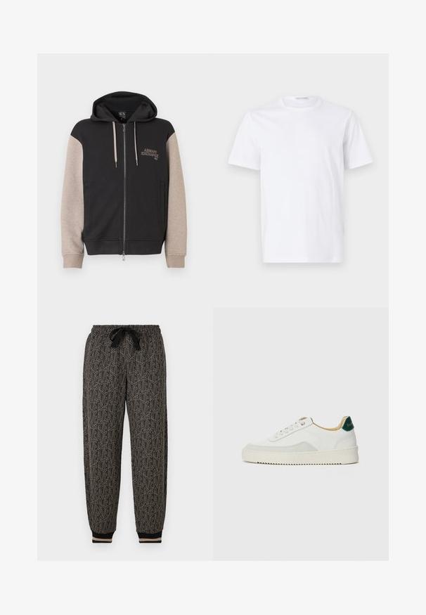 Mikina s kapucňou na zips, čierne telo a béžové rukávy. Materiál je mäkký so hladkou textúrou. Logo značky na hrudi v kontrastnej farbe.; Biely bavlnený tričko s okrúhlym výstrihom a krátkymi rukávmi. Hladká textúra, rovný strih a minimalistický dizajn bez vzorov alebo akcentov.; Kvetinové jogger nohavice v čiernej a béžovej farbe, s elastickým pásom na šnúrku, rebrovanými manžetami a geometrickým vzorom po celom povrchu.; Biele tenisky s semišovými akcentmi, zaoblenou špičkou, plochými šnúrkami a krémovou gumovou podrážkou. Na päte sú zelené značky.