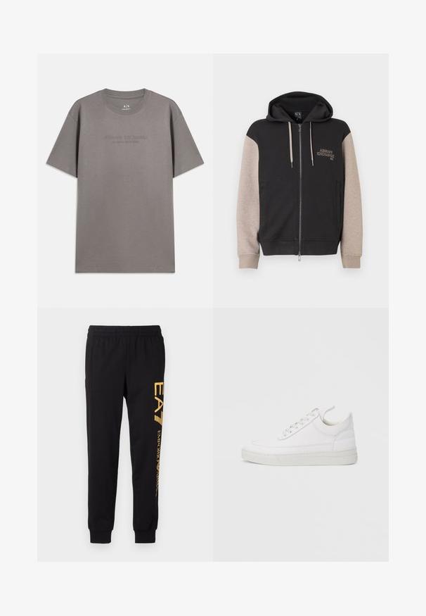 Sweat à capuche zippé avec corps noir et manches beige. Le matériau est doux avec une texture lisse. Logo de la marque sur la poitrine en couleur contrastante.; T-shirt en coton gris à manches courtes, col rond, avec un texte en relief "ARMANI EXCHANGE MILANO / NEW YORK" sur le devant.; Pantalons de survêtement noirs en tissu doux, avec une taille élastique et des chevilles resserrées. Marquage jaune imprimé verticalement sur la jambe gauche.; Baskets en cuir blanc avec un embout arrondi, une semelle plate et un laçage à l'avant. Présentent des détails de couture et un col rembourré pour plus de confort.