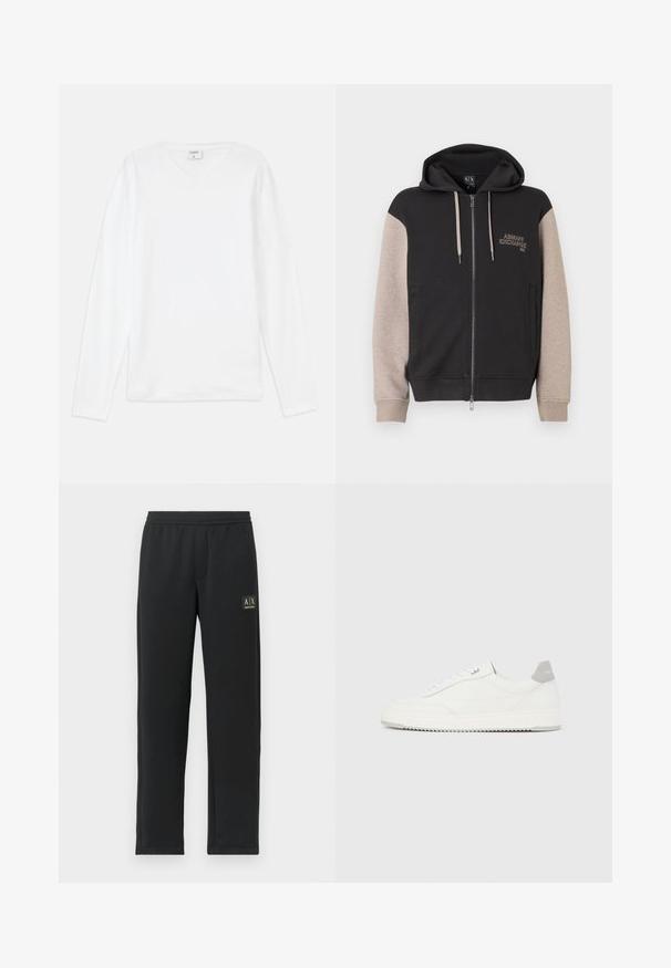 Hættetrøje med lynlås og sort krop samt beige ærmer. Materialet er blødt med en glat tekstur. Brandlogo på brystet i kontrastfarve.; Hvid langærmet T-shirt med V-udskæring, lavet af blødt materiale, med en afslappet pasform og sideslids for nem bevægelse.; Sorte sweatpants med lige ben, elastisk talje og sort logo-patch på venstre lår.; Hvid lavtop-sneaker med gråt hælflig, hvide snørebånd og tekstureret sål, vist på en ensfarvet lys baggrund.