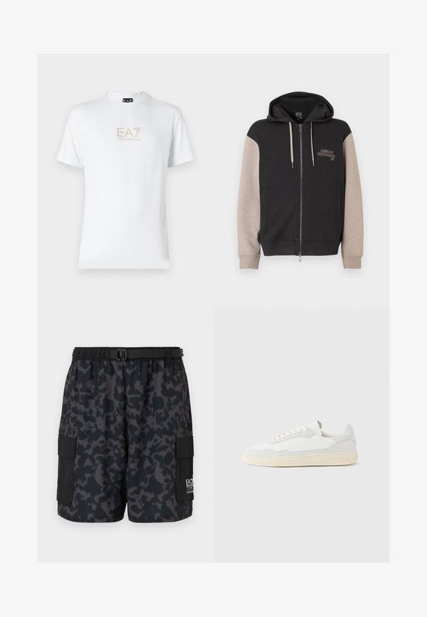 Hættetrøje med lynlås og sort krop samt beige ærmer. Materialet er blødt med en glat tekstur. Brandlogo på brystet i kontrastfarve.; Hvid bomulds t-shirt med rund halsudskæring og korte ærmer, prydet med et gold EA7 Emporio Armani logo trykt på forsiden.; Sorte shorts med et mørkt camo-mønster, elastisk talje, sidelommer og et bælte med spænde. Fremstillet af let, komfortabelt materiale.; Hvid sneakers med en øvre del i tekstureret ruskind og læder. Har rundet tå, snørelukning og kontrasterende beige gummisål.