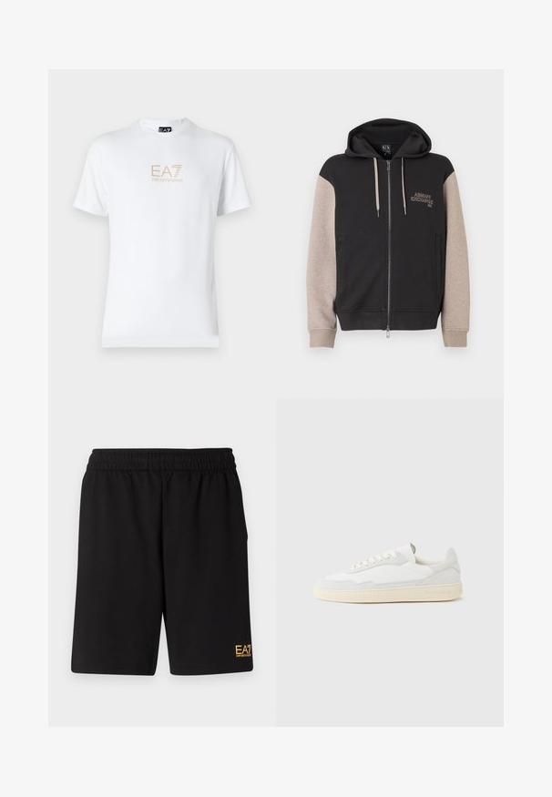 Zip-up sweatvest met capuchon, met een zwart lijf en beige mouwen. Het materiaal is zacht en heeft een gladde textuur. Het merklogo staat contrasterend op de borst.; Witte katoenen t-shirt met een ronde halslijn en korte mouwen, voorzien van een gouden EA7 Emporio Armani-logo op de voorkant.; Zwarte sportshorts van zacht materiaal, met een elastische tailleband en een klein geel EA7-logo op de onderste linkeronderbroek.; Witte sneaker met een bovenwerk van gestructureerd suède en leer. Voorzien van een afgeronde neus, vetersluiting en een contrasterende beige rubberen zool.