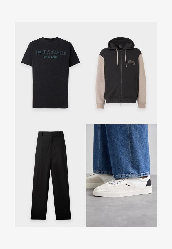 Mikina s kapucňou na zips, čierne telo a béžové rukávy. Materiál je mäkký so hladkou textúrou. Logo značky na hrudi v kontrastnej farbe.; Čierne bavlnené tričko s výšivkou "JUST CAVALLI MILANO" v jasne modrej farbe na hrudníku, s okrúhlym výstrihom a voľným strihom.; Čierne nohavice z bavlny s rovnými nohavicami, predným zapínaním na gombík a bočnými vreckami. Hladká textúra, bez vzorov.; Biele a čierne tenisky s hladkým koženým zvrškom, štruktúrovanými akcentmi a masívnou bielou podrážkou. Obsahujú klasický dizajn so šnurovaním.