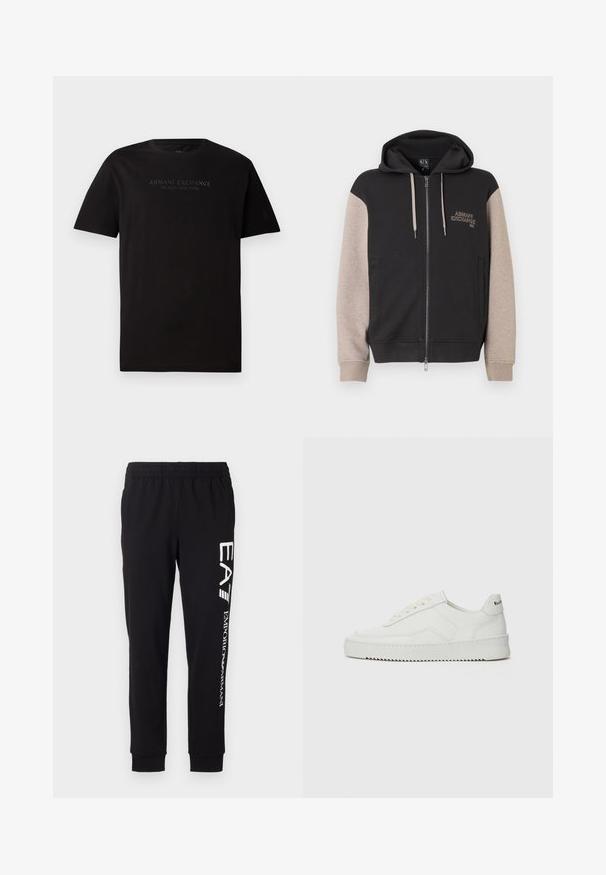 Sweat à capuche zippé avec corps noir et manches beige. Le matériau est doux avec une texture lisse. Logo de la marque sur la poitrine en couleur contrastante.; T-shirt en coton noir avec un col rond et des manches courtes. Sur le devant, on trouve un texte en relief "ARMANI EXCHANGE MILANO / NEW YORK".; Pantalons de survêtement noirs fabriqués en tissu extensible. Dotés d'une taille élastique, de poignets resserrés et d'un marquage blanc sur la jambe gauche.; Baskets en cuir blanc avec une finition lisse, bout arrondi, lacets plats et semelle texturée. Présente un logo discret sur le talon.