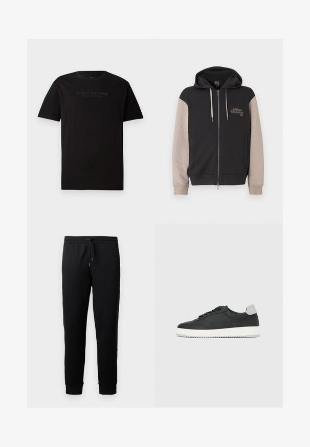 Sweat à capuche zippé avec corps noir et manches beige. Le matériau est doux avec une texture lisse. Logo de la marque sur la poitrine en couleur contrastante.; T-shirt en coton noir avec un col rond et des manches courtes. Sur le devant, on trouve un texte en relief "ARMANI EXCHANGE MILANO / NEW YORK".; Pantalons de jogging noirs en tissu doux avec une taille élastique et un cordon de serrage. Présente des jambes fuselées avec des poignets côtelés.; Baskets basses noires avec semelle blanche et languette grise au talon, vue de profil sur un fond blanc uni.