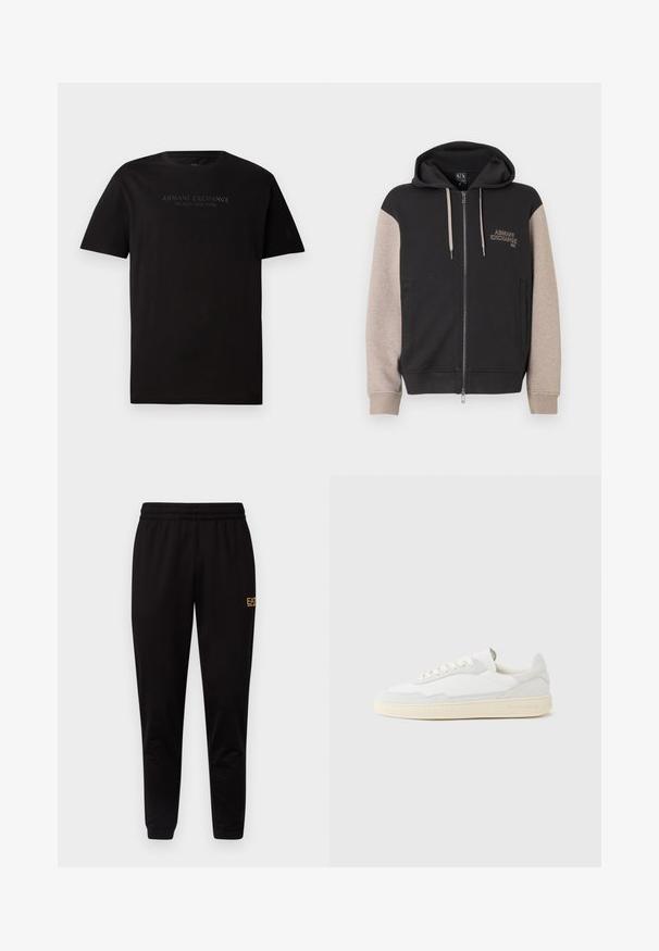 Sweat à capuche zippé avec corps noir et manches beige. Le matériau est doux avec une texture lisse. Logo de la marque sur la poitrine en couleur contrastante.; T-shirt en coton noir avec un col rond et des manches courtes. Sur le devant, on trouve un texte en relief "ARMANI EXCHANGE MILANO / NEW YORK".; Pantalons de survêtement noirs avec une taille élastique, des poignets ajustés et un petit logo jaune sur la cuisse gauche. Texture de tissu douce et lisse.; Baskets blanches avec dessus en daim et cuir texturé. Caractérisées par un bout arrondi, une fermeture à lacets et une semelle en caoutchouc beige contrastante.