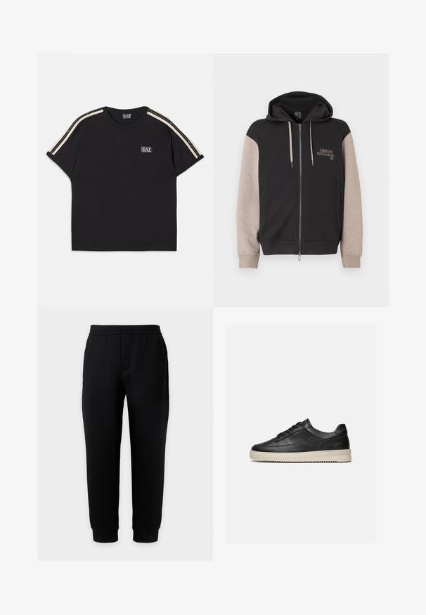 Sudadera con capucha y cremallera, con cuerpo negro y mangas beige. El material es suave con una textura lisa. Logo de la marca en el pecho en un color contrastante.; Camiseta de algodón negra con mangas cortas. Presenta rayas en contraste beige en los hombros y un pequeño logotipo de la marca en el pecho.; Pantalones deportivos negros ajustados con cintura y puños elásticos, bolsillos laterales y logo sutil en el muslo derecho sobre fondo liso.; Zapatilla baja negra de cuero con cordones negros y una gruesa suela de goma color blanco roto, mostrada sobre un fondo blanco.
