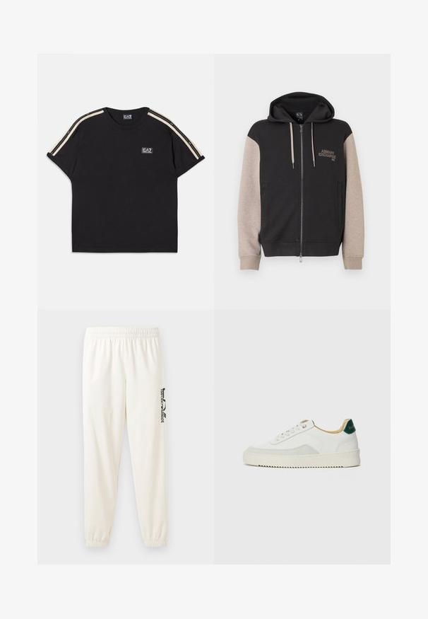 Mikina s kapucňou na zips, čierne telo a béžové rukávy. Materiál je mäkký so hladkou textúrou. Logo značky na hrudi v kontrastnej farbe.; Čierne bavlnené tričko s krátkymi rukávmi. Obsahuje kontrastné béžové pruhy na pleciach a malé značkové logo na hrudi.; Svetlo béžové tepláky s elastickým pásom a elastickými manžetami. Na ľavej nohe sa nachádza čierny potlačený logo. Mäkká textúra látky.; Biele tenisky s semišovými akcentmi, zaoblenou špičkou, plochými šnúrkami a krémovou gumovou podrážkou. Na päte sú zelené značky.