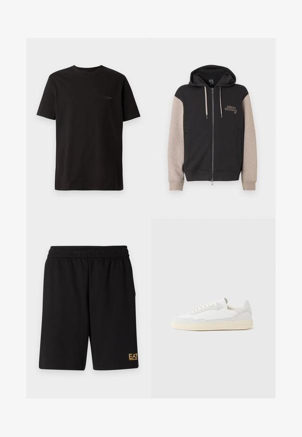 Hættetrøje med lynlås og sort krop samt beige ærmer. Materialet er blødt med en glat tekstur. Brandlogo på brystet i kontrastfarve.; Sort kortærmet t-shirt lavet af bomuld. Har en rund halsudskæring og diskret branding på venstre brystområde. Glat tekstur.; Sorte atletiske shorts lavet af blødt stof, med en elastisk talje og et lille gult EA7-logo nederst på venstre ben.; Hvid sneakers med en øvre del i tekstureret ruskind og læder. Har rundet tå, snørelukning og kontrasterende beige gummisål.