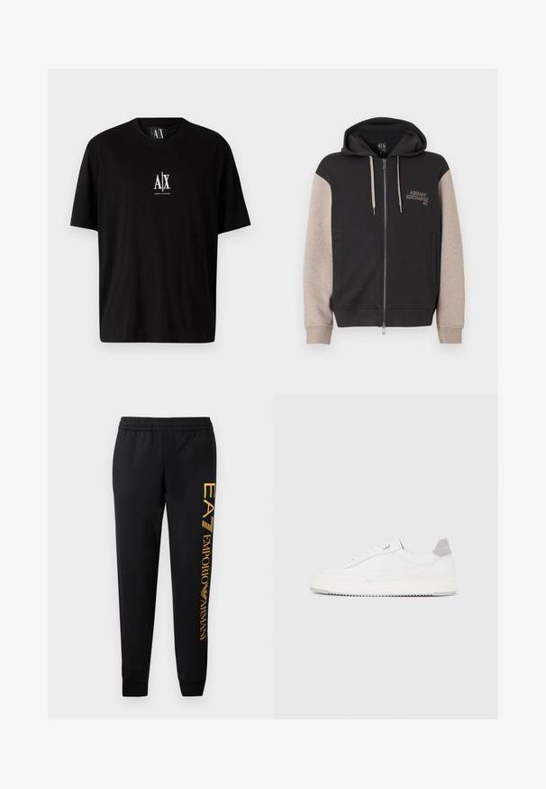 Sweat à capuche zippé avec corps noir et manches beige. Le matériau est doux avec une texture lisse. Logo de la marque sur la poitrine en couleur contrastante.; T-shirt en coton noir à manches courtes, col rond, avec un petit logo blanc "A|X" centré sur la poitrine.; Pantalon de survêtement noir avec une taille élastique et des ourlets resserrés. Présente une impression verticale de logo doré sur la jambe gauche. Fabriqué à partir d'un tissu doux.; Baskets basses blanches avec un onglet de talon gris, des lacets blancs et une semelle texturée, présentées sur un fond uni clair.