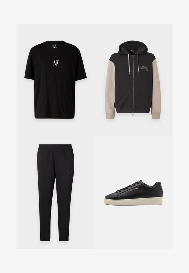 Kapuzensweatshirt mit Reißverschluss, schwarzer Körper und beige Ärmel. Das Material ist weich mit glatter Textur. Markenlogo auf der Brust in kontrastierender Farbe.; Schwarzes Baumwoll-T-Shirt mit kurzen Ärmeln, rundem Halsausschnitt und einem kleinen weißen Logo "A|X", das mittig auf der Brust platziert ist.; Schwarze Sweatpants aus weichem Material, mit einem elastischen Bund, engen Bündchen und einem kleinen Logo, das an der Seite aufgedruckt ist.; Schwarze Leder-Sneaker mit glatter Oberfläche, kontrastierender cremefarbener Sohle, abgerundeter Spitze, goldfarbenem Logo an der Seite und sechs Ösen für die Schnürsenkel.