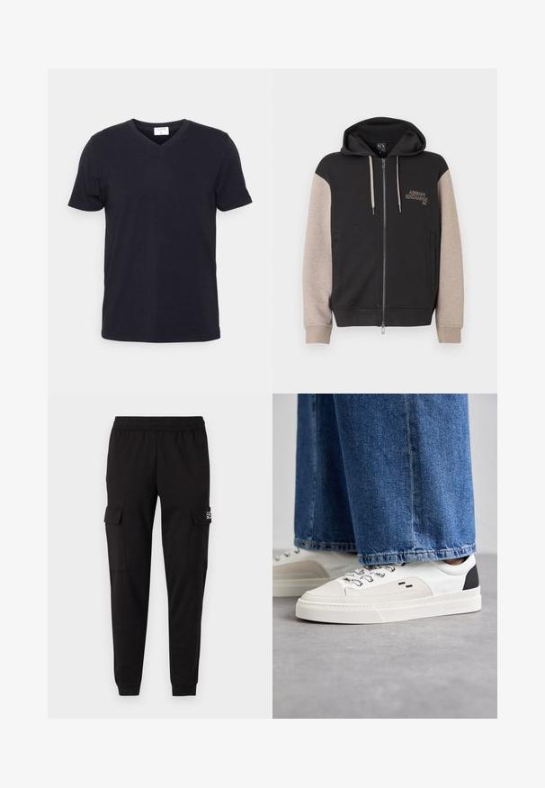 Zip-up sweatvest met capuchon, met een zwart lijf en beige mouwen. Het materiaal is zacht en heeft een gladde textuur. Het merklogo staat contrasterend op de borst.; Zwarte v-hals t-shirt van katoen, met korte mouwen en een ontspannen pasvorm. Eenvoudig ontwerp, geen patronen of extra accenten.; Zwarte cargobroek met een elastische tailleband, twee zijzakken en logo-opdruk aan de linkerkant. Soepele textuur, taps toelopend bij de enkels.; Witte en zwarte sneakers met een glad leren bovenwerk, textuuraccenten en een chunky witte zool. Heeft een klassiek vetersluiting ontwerp.
