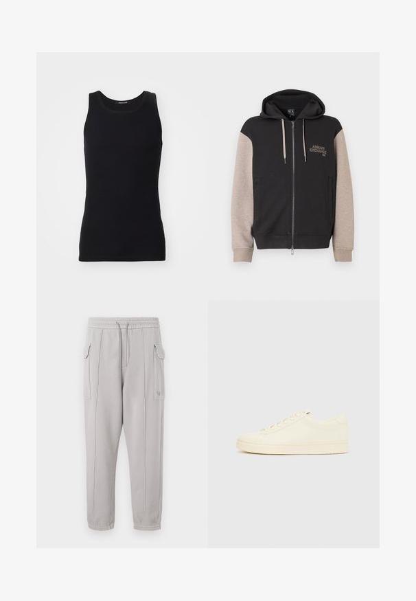 Sweat à capuche zippé avec corps noir et manches beige. Le matériau est doux avec une texture lisse. Logo de la marque sur la poitrine en couleur contrastante.; Débardeur noir en matériau lisse et extensible. Doté d'un col rond et sans manches, avec une coupe ajustée et un design simple.; Pantalon de survêtement gris avec taille élastique, poches latérales et détail cousu courant verticalement le long des jambes. Texture en mélange de coton.; Baskets couleur crème avec une tige en cuir lisse, bout arrondi, laçage à l'avant et semelle en caoutchouc texturée. Design minimaliste, sans logo.
