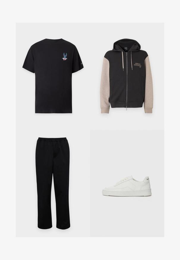 Sweat à capuche zippé avec corps noir et manches beige. Le matériau est doux avec une texture lisse. Logo de la marque sur la poitrine en couleur contrastante.; T-shirt noir à manches courtes avec un petit motif coloré du visage de Bugs Bunny sur la poitrine gauche et un petit logo sur la manche droite.; Pantalons noirs mi-longs avec une taille élastique. Fabriqués en tissu lisse, présentant une coupe décontractée et sans poches ni embellissements visibles.; Baskets en cuir blanc avec une finition lisse, bout arrondi, lacets plats et semelle texturée. Présente un logo discret sur le talon.