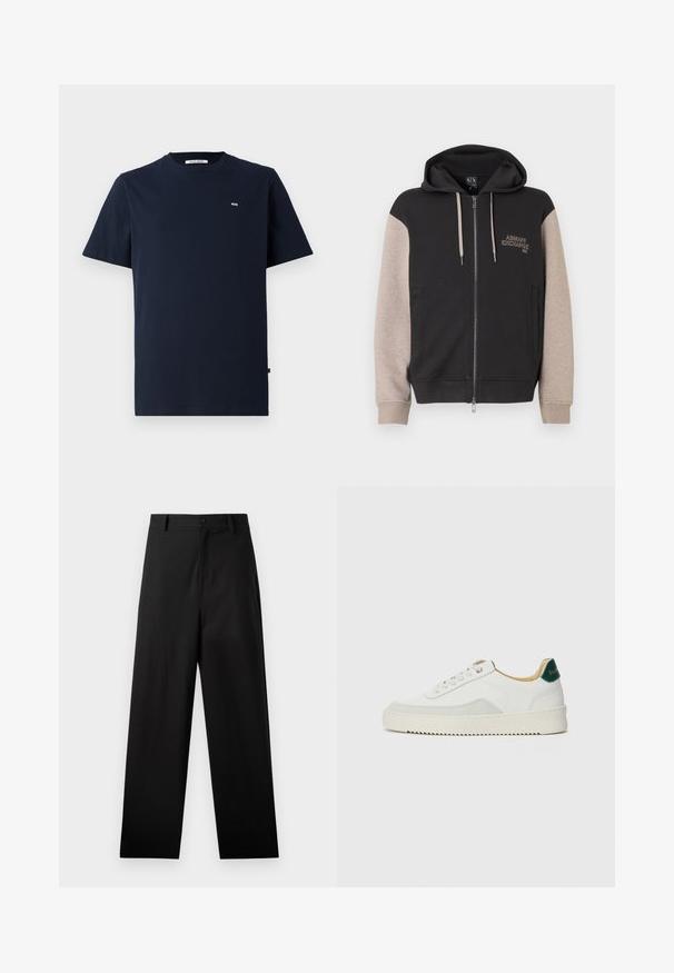 Mikina s kapucňou na zips, čierne telo a béžové rukávy. Materiál je mäkký so hladkou textúrou. Logo značky na hrudi v kontrastnej farbe.; Námornícky modré bavlnené tričko s krátkymi rukávmi, okrúhlym výstrihom, diskrétnym logom "WW" na hrudi a rovný lem. Hladká textura, neformálny dizajn.; Čierne nohavice z bavlny s rovnými nohavicami, predným zapínaním na gombík a bočnými vreckami. Hladká textúra, bez vzorov.; Biele tenisky s semišovými akcentmi, zaoblenou špičkou, plochými šnúrkami a krémovou gumovou podrážkou. Na päte sú zelené značky.