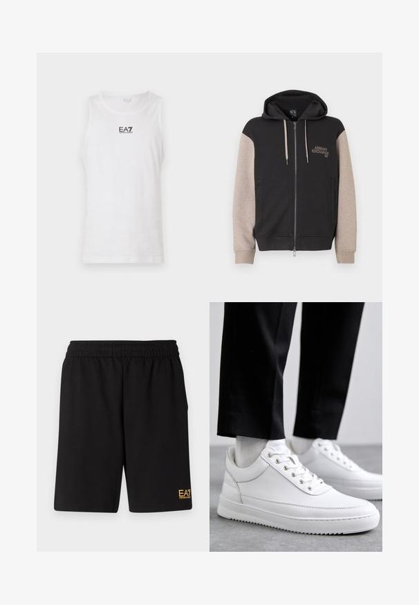 Zip-up sweatvest met capuchon, met een zwart lijf en beige mouwen. Het materiaal is zacht en heeft een gladde textuur. Het merklogo staat contrasterend op de borst.; Witte mouwloze tanktop van katoen, met een zwart EA7-logo op de borst en een ronde halslijn. Glad textuur, casual ontwerp.; Zwarte sportshorts van zacht materiaal, met een elastische tailleband en een klein geel EA7-logo op de onderste linkeronderbroek.; Witte leren sneakers met een platte rubberen zool, met een soepele afwerking, ronde neus en metalen oogjes voor de veters. Draag ze met een zwarte broek.