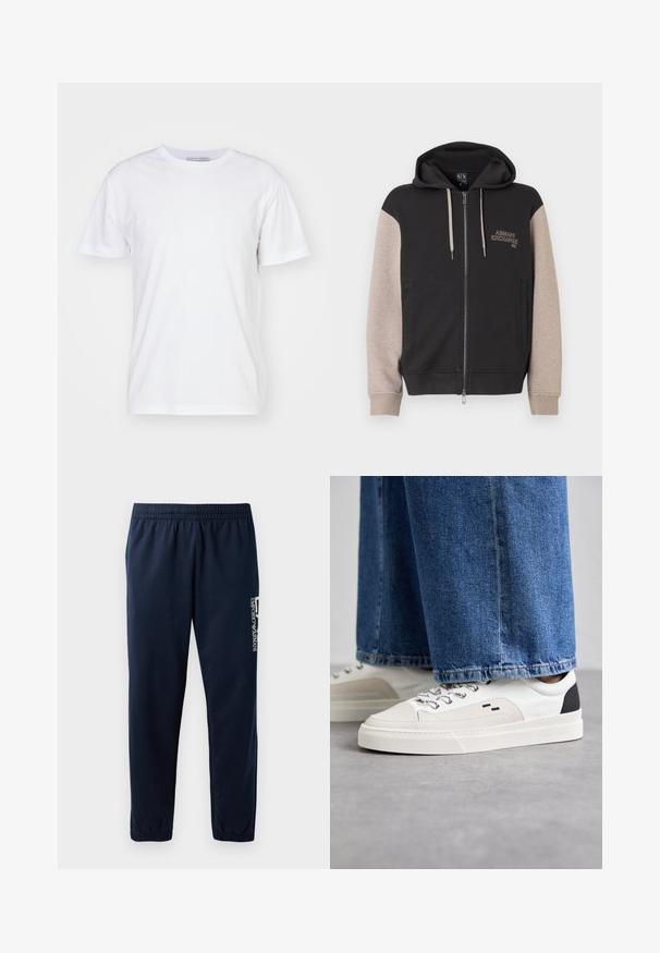Kapuzensweatshirt mit Reißverschluss, schwarzer Körper und beige Ärmel. Das Material ist weich mit glatter Textur. Markenlogo auf der Brust in kontrastierender Farbe.; Weißes Baumwoll-T-Shirt mit Rundhalsausschnitt, kurzen Ärmeln und geradem Schnitt. Keine Muster oder Verzierungen, glatte Textur und schlichtes Design.; Marineblaues Sweatpants mit elastischem Bund, zulaufenden Beinen und einem weißen Logo an der Seite. Glattes Gewebe mit leichter Textur.; Weiße und schwarze Sneaker mit einem Obermaterial aus glattem Leder, strukturierten Akzenten und einer massiven weißen Sohle. Verfügt über ein klassisches Schnürdesign.