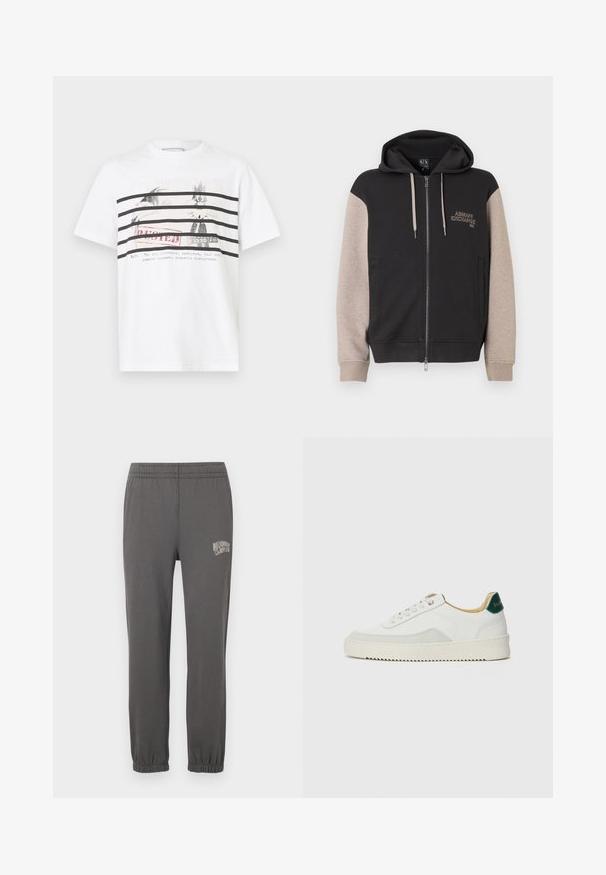 Sweat à capuche zippé avec corps noir et manches beige. Le matériau est doux avec une texture lisse. Logo de la marque sur la poitrine en couleur contrastante.; T-shirt en coton blanc avec des rayures horizontales noires et un imprimé graphique d'oiseaux avec un texte rouge "BUSTED" et un texte supplémentaire en dessous.; Pantalons de jogging gris avec une taille élastique, des poignets fuselés et un petit logo blanc portant l'inscription "Billionaire Boy Club" sur la cuisse gauche.; Baskets blanches avec des accents en daim, bout arrondi, lacets plats et semelle en caoutchouc crème. Présente une marque verte sur le talon.