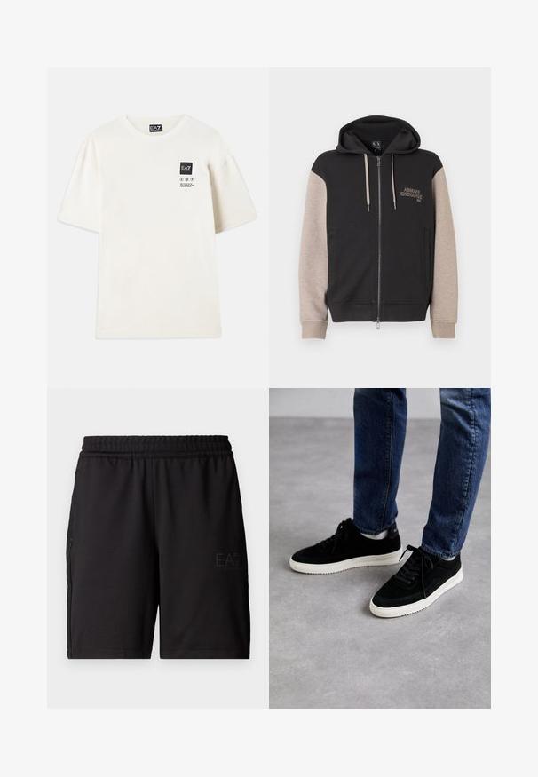 Zip-up sweatvest met capuchon, met een zwart lijf en beige mouwen. Het materiaal is zacht en heeft een gladde textuur. Het merklogo staat contrasterend op de borst.; Korte mouwen T-shirt in off-white katoen, met een rechthoekige zwarte logo-label en wasinstructies in het zwart gedrukt op de borst.; Zwarte sportshorts van lichtgewicht stof, met een elastische tailleband en zijpanelen van mesh. Merklogo gedrukt op de voorkant.; Zwarte suede sneakers met een witte rubberen zool, met een klassiek low-top ontwerp, een ronde neus en flat zwarte veters.