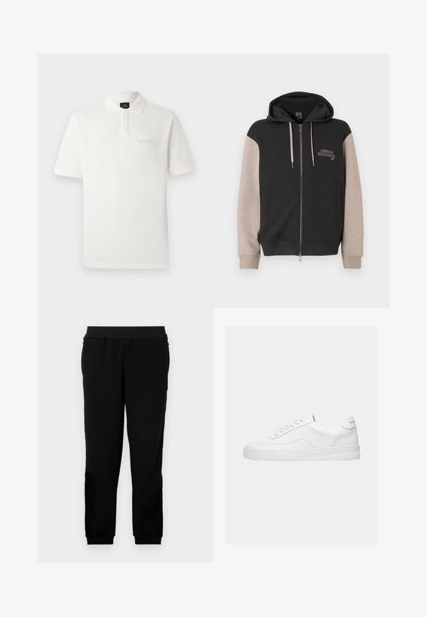 Kapuzensweatshirt mit Reißverschluss, schwarzer Körper und beige Ärmel. Das Material ist weich mit glatter Textur. Markenlogo auf der Brust in kontrastierender Farbe.; Weißes Poloshirt aus Baumwolle mit kurzen Ärmeln, klassischem Kragen und kleinem besticktem Logo auf der Brust. Glatte Textur.; Schwarze Sweatpants aus einem weichen Material, mit elastischem Bund, eng anliegenden Bündchen und Seitentaschen für zusätzlichen Komfort.; Weißer Sneaker mit niedrigem Schaft, Schnürdesign, glattem Lederobermaterial und dicker Sohle, von der Seite auf einfachem Hintergrund gezeigt.