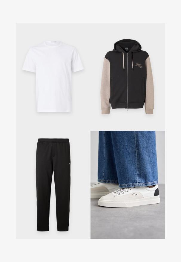 Hættetrøje med lynlås og sort krop samt beige ærmer. Materialet er blødt med en glat tekstur. Brandlogo på brystet i kontrastfarve.; Hvid bomulds t-shirt med rund halsudskæring og korte ærmer. Glat tekstur, lige snit og minimalistisk design uden mønstre eller accenter.; Sorte atletikbukser lavet af blødt stof. Elastisk linning og manchetter. Har en lille logo på siden. Design med lige ben.; Hvide og sorte sneakers med en glat læderoverdel, teksturerede detaljer og en kraftig hvid sål. Har et klassisk snørebåndsdesign.