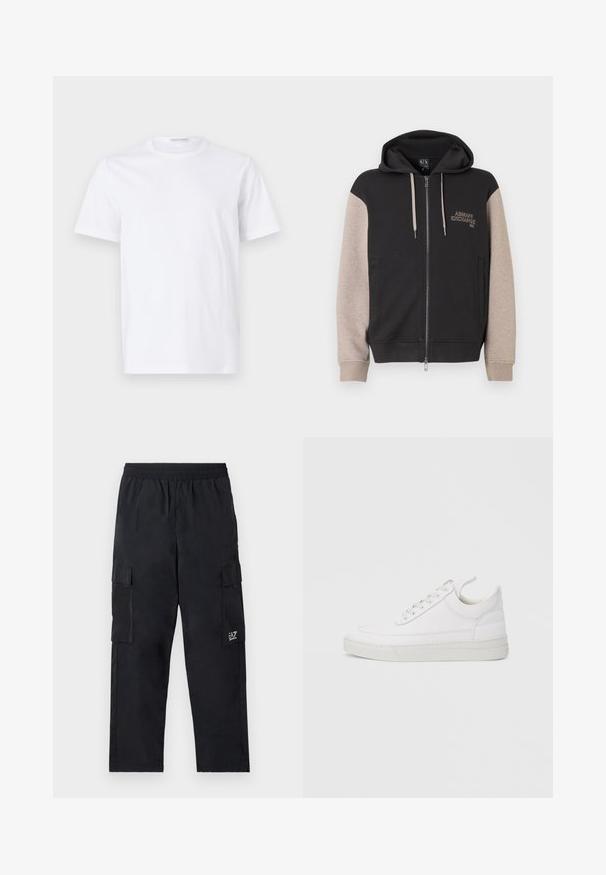 Zip-up sweatvest met capuchon, met een zwart lijf en beige mouwen. Het materiaal is zacht en heeft een gladde textuur. Het merklogo staat contrasterend op de borst.; Witte katoenen t-shirt met een ronde hals en korte mouwen. Gladde textuur, rechte snit en minimalistisch ontwerp zonder patronen of accenten.; Zwarte cargobroek met een elastische tailleband, zijzakken en een klein logo op het linkerbeen. Gemaakt van lichtgewicht, soepel materiaal.; Witte leren sneaker met een afgeronde neus, platte zool en veters aan de voorkant. Voorzien van stikseldetails en een gevoerde kraag voor comfort.