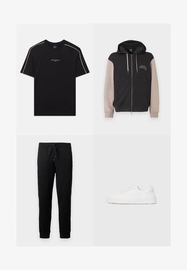 Kapuzensweatshirt mit Reißverschluss, schwarzer Körper und beige Ärmel. Das Material ist weich mit glatter Textur. Markenlogo auf der Brust in kontrastierender Farbe.; Schwarzes Baumwoll-T-Shirt mit kurzen Ärmeln, rundem Ausschnitt, beigem Akzentstich an den Schultern und ARMANI EXCHANGE-Logo in der Mitte.; Schwarze Jogginghosen aus weichem Stoff mit einem elastischen Bund und Kordelzug. Mit schmal zulaufenden Beinen und gerippten Bündchen.; Weißer Sneaker mit einem Obermaterial aus glattem Leder, abgerundetem Zehenbereich, Schnürsenkeln, strukturierten seitlichen Akzenten und einer dicken Gummisohle. Minimalistisches Design.