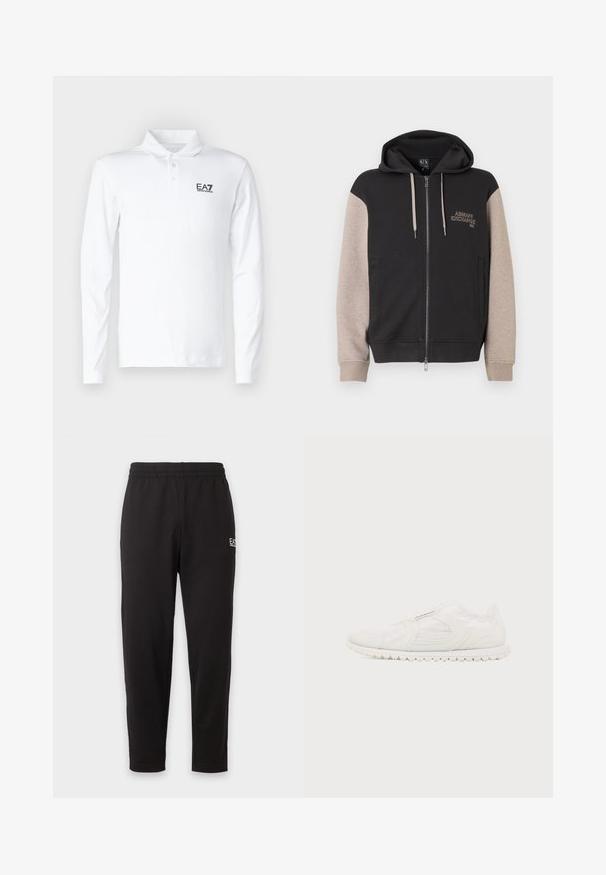 Sweat à capuche zippé avec corps noir et manches beige. Le matériau est doux avec une texture lisse. Logo de la marque sur la poitrine en couleur contrastante.; Polo à manches longues blanc en coton, avec un col classique, trois boutons et un logo EA7 noir sur la poitrine.; Pantalon de survêtement noir à taille élastique, jambes fuselées, avec un petit logo blanc sur la partie supérieure de la cuisse gauche.; Sneaker blanche sans lacets avec semelle texturée, tige élastique et design cousu subtil, montrée de profil sur un fond uni.