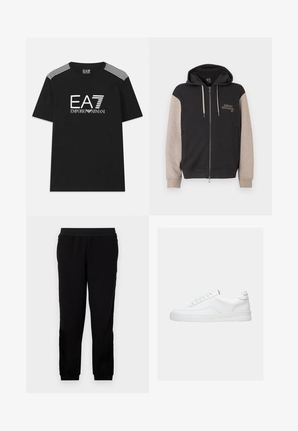 Sudadera con capucha y cremallera, con cuerpo negro y mangas beige. El material es suave con una textura lisa. Logo de la marca en el pecho en un color contrastante.; Camiseta negra de algodón con un logo blanco de EA7 y el texto 'Emporio Armani'. Tres rayas blancas en los hombros realzan el diseño.; Pantalones de chándal negros hechos de un material suave, con una banda elástica en la cintura, puños ajustados y bolsillos laterales para mayor comodidad.; Zapatilla deportiva blanca de corte bajo con diseño con cordones, parte superior de cuero liso y suela gruesa, vista de lado sobre un fondo liso.