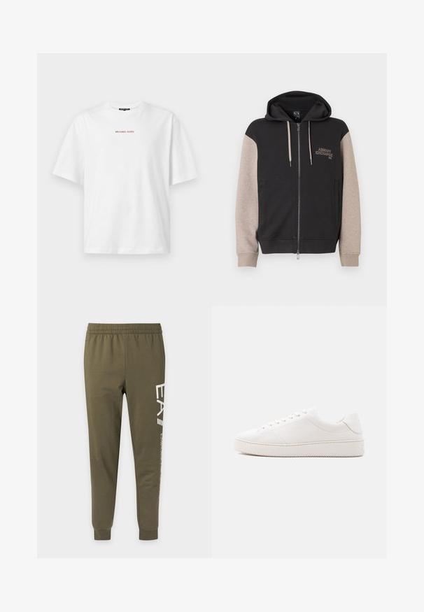 Zip-up sweatvest met capuchon, met een zwart lijf en beige mouwen. Het materiaal is zacht en heeft een gladde textuur. Het merklogo staat contrasterend op de borst.; Wit T-shirt met korte mouwen en ronde hals, met kleine rode "MICHAEL KORS" tekst gecentreerd op de borst.; Olijfgroene joggerbroek met elastische tailleband en boorden, met witte verticale tekst op het rechterbeen.; Witte lederen sneaker met een gladde afwerking, ronde neus, vetersluiting met zes veteroogjes en een rubberen zool met structuur. Minimalistisch ontwerp zonder patronen.