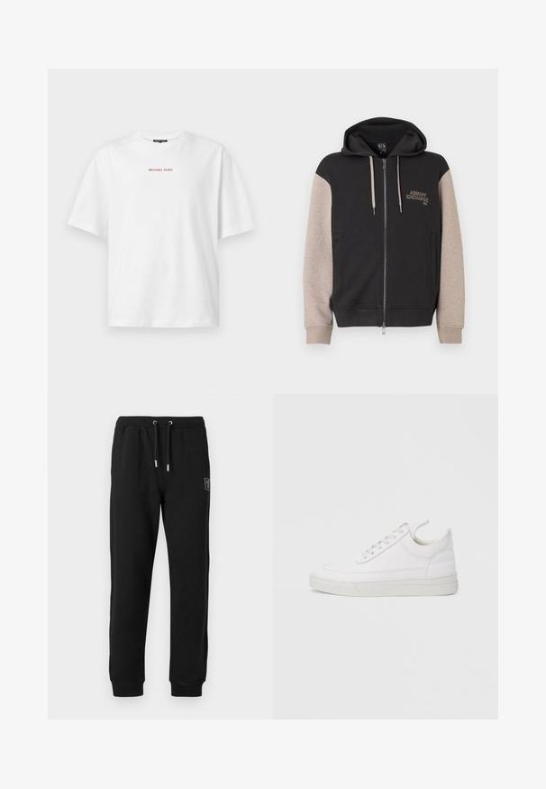 Hættetrøje med lynlås og sort krop samt beige ærmer. Materialet er blødt med en glat tekstur. Brandlogo på brystet i kontrastfarve.; Hvid kortærmet t-shirt med rund hals og lille rød "MICHAEL KORS" tekst centreret på brystet.; Sorte sweatpants lavet af blødt stof, der har en elastisk talje med snor, sidelommer og tapered manchetter ved anklerne.; Hvid lædersneaker med rundet tå, flad sål og snørebånd foran. Har syningsdetaljer og polstret krave for komfort.