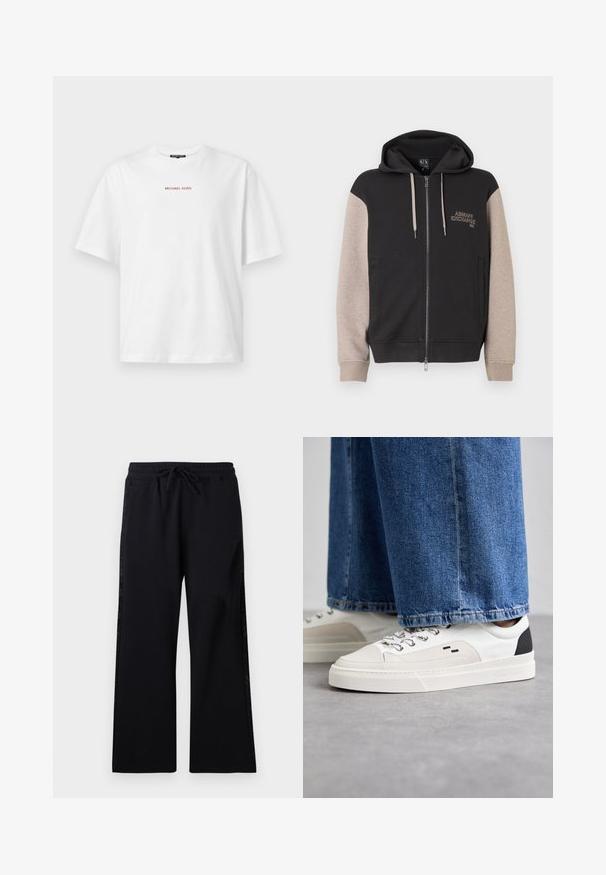 Mikina s kapucňou na zips, čierne telo a béžové rukávy. Materiál je mäkký so hladkou textúrou. Logo značky na hrudi v kontrastnej farbe.; Biele tričko s krátkym rukávom a okrúhlym výstrihom, s malým červeným nápisom "MICHAEL KORS" uprostred na hrudi.; Les Benjamins Tepláky - black; Biele a čierne tenisky s hladkým koženým zvrškom, štruktúrovanými akcentmi a masívnou bielou podrážkou. Obsahujú klasický dizajn so šnurovaním.