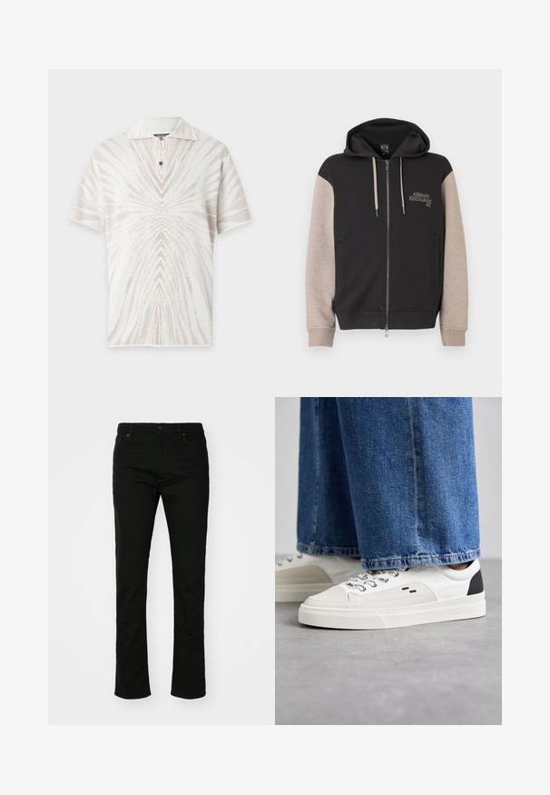 Sweat à capuche zippé avec corps noir et manches beige. Le matériau est doux avec une texture lisse. Logo de la marque sur la poitrine en couleur contrastante.; Polo blanc à manches courtes avec motif abstrait de rayures rayonnantes beige clair et un seul bouton noir sous le col.; Jean en denim noir avec une coupe droite, style à cinq poches et fermeture à bouton. Texture lisse avec des détails de couture subtils.; Baskets blanches et noires avec une tige en cuir lisse, des accents texturés et une semelle épaisse blanche. Présentent un design classique à lacets.