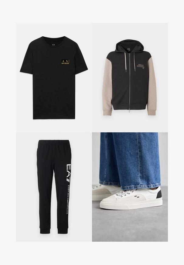 Mikina s kapucňou na zips, čierne telo a béžové rukávy. Materiál je mäkký so hladkou textúrou. Logo značky na hrudi v kontrastnej farbe.; Čierne bavlnené tričko s okrúhlym výstrihom. Na ľavej hrudi je umiestnená malá zlatá nášivka s nápisom "AX Armani Exchange". Klasický strih.; Čierne tepláky vyrobené z elastického materiálu. Majú elastický pás, zúžené manžety a biele logo na ľavej nohe.; Biele a čierne tenisky s hladkým koženým zvrškom, štruktúrovanými akcentmi a masívnou bielou podrážkou. Obsahujú klasický dizajn so šnurovaním.