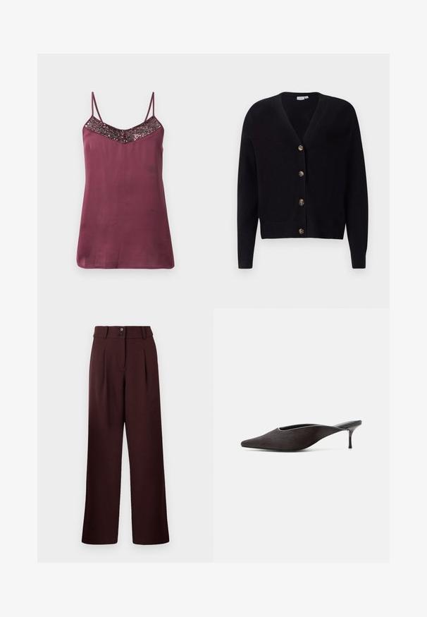 VILA VIRIL V-NECK KNIT CARDIGAN - NOOS - Gilet - black; Camisole en satin bourgogne avec des bretelles fines ajustables et un décolleté en V orné de sequins. Texture lisse, avec une coupe ample.; Pantalons évasés en bordeaux foncé, avec une taille haute, deux plis à l'avant et une fermeture à deux boutons. Fabriqués en tissu texturé.; Mule noire à bout pointu, talon stiletto bas et finition lisse et élégante, vue de profil sur fond blanc.