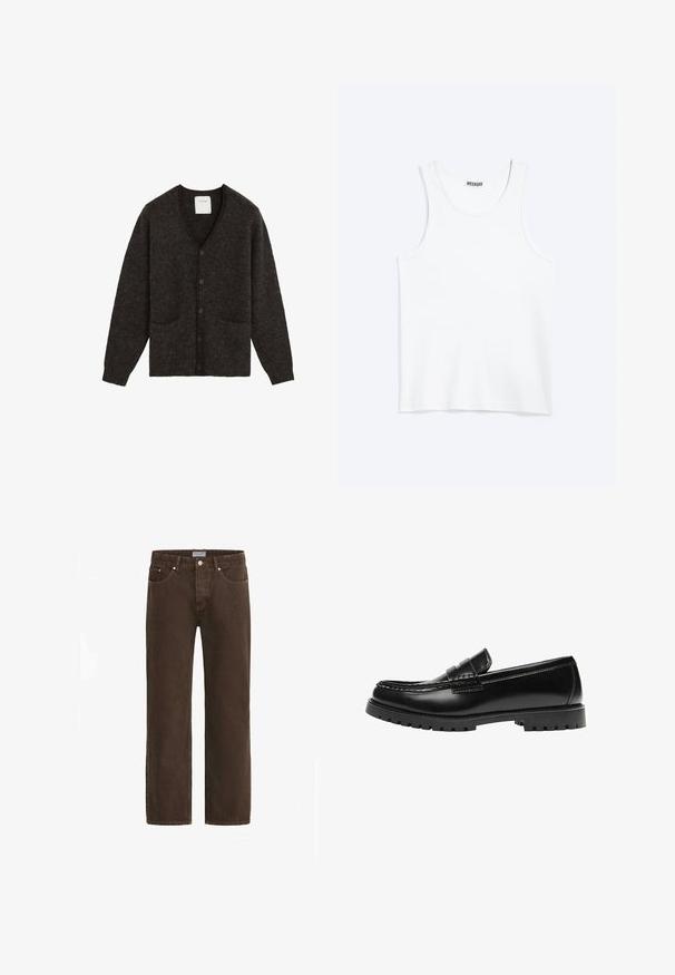 Dunkelbrauner, knöpfbarer Cardigan mit langen Ärmeln, zwei vorderen Taschen und einem V-Ausschnitt aus weichem, strukturiertem Stoff.; Weißes ärmelloses Tanktop mit rundem Ausschnitt und Weekday-Markenetikett auf der Innenseite des hinteren Kragens, flach auf hellem Hintergrund dargestellt.; Braune Denim-Jeans mit geradem Bein, fünf Taschen-Design und Metallbeschlägen. Mit einem Knopfverschluss und einem markierten Bundetikett.; Schwarzer Leder-Slipper mit dicker Gummisohle und klassischem Penny-Detail an der Riemen, von der Außenseite gezeigt.