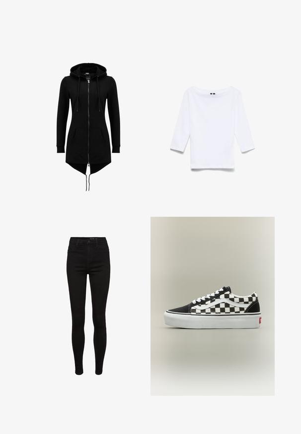 Zwarte lange hoodiejas met volledige frontrits, capuchon met trekkoord, kangoeroezakken, lange mouwen en asymmetrische zoom met verlengde achterkant.; Witte driekwartmouwen shirt gemaakt van een katoenen mix; beschikt over een brede bootnek en een gladde, lichte textuur.; Zwarte denim skinny jeans met een hoge taille, vijf-pocket ontwerp, riemlussen en subtiele stikdetails. Glad textuur, figuurvormende pasvorm.; Klassieke lage sneaker met zwart-wit dambordpatroon, witte veters en dikke witte zool op een neutrale achtergrond.