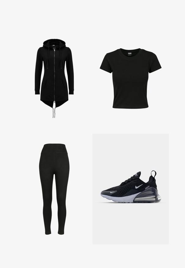 Sort lang hættetrøjejakke med fuld frontlynlås, snøretrækshætte, kengurulommer, lange ærmer og asymmetrisk kant med forlænget ryg.; Sort kortærmet t-shirt lavet af glat bomuldsstof, med rund halsudskæring og en tætsiddende pasform. Ingen synlige mønstre eller accenter.; Sorte leggings med høj talje, lavet af strækbart stof for en tætsiddende pasform, med en glat tekstur og uden synlige sømme.; Sort atletiske sneakers med en mesh-overdel, der har et hvidt swoosh-logo, synlig Air-enhed og en tekstureret ydersål. Detaljer inkluderer en bageste trækstrop.