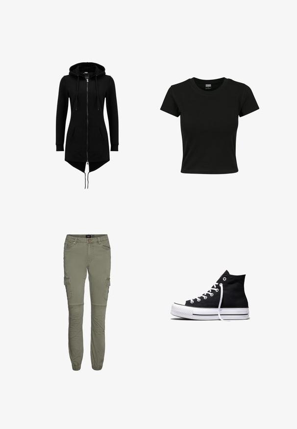 Zwarte lange hoodiejas met volledige frontrits, capuchon met trekkoord, kangoeroezakken, lange mouwen en asymmetrische zoom met verlengde achterkant.; Zwarte kortekorte mouw t-shirt van gladde katoenen stof, met een ronde halslijn en een getailleerde pasvorm. Geen zichtbare patronen of accenten.; Olijf groene cargobroek van een duurzame katoenmix met taps toelopende boorden, meerdere zakken en knievouwen voor extra bewegingsvrijheid.; Zwarte hooggesloten canvas sneaker met witte rubberen zool en witte veters, zijwaarts weergegeven op een witte achtergrond.