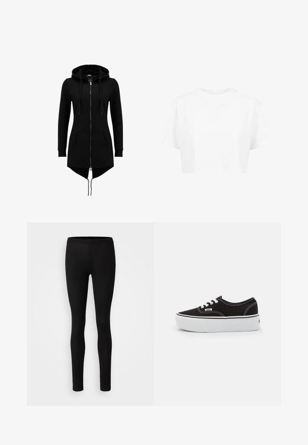 Schwarze lange Hoodie-Jacke mit durchgehendem Frontreißverschluss, Kordelzugkapuze, Kängurutaschen, langen Ärmeln und asymmetrischem Saum mit verlängertem Rücken.; Weißes, kurzes T-Shirt mit kurzen Ärmeln und rundem Halsausschnitt, aus glattem Stoff, ohne sichtbare Muster oder auffällige Hardware.; Schwarze Leggings aus einem weichen, dehnbaren Material. Sie haben eine schlanke Passform mit einem elastischen Bund und einer glatten, matten Textur.; Schwarze Leinensneaker mit einer weißen Gummiplattformsohle, weißen Schnürsenkeln und Nähten, ikonischer Markenaufdruck an der Seite, im Low-Top-Design.