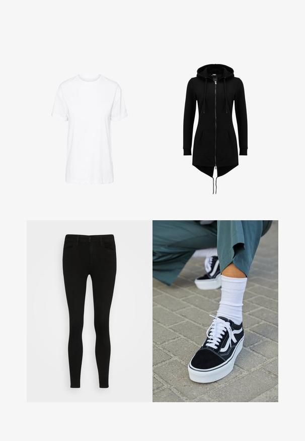 Sort lang hættetrøjejakke med fuld frontlynlås, snøretrækshætte, kengurulommer, lange ærmer og asymmetrisk kant med forlænget ryg.; Hvid bomulds t-shirt med korte ærmer, rund hals og en afslappet pasform, med en glat tekstur og uden synlige mønstre.; Svarte skinny jeans med en glat denimtekstur, fem lommer, knaplukning foran og bæltesløjfer. Tæt siddende design hele vejen igennem.; Sorte ruskinds sneakers med hvide accenter og snørebånd, der har en tyk hvid sål og kontrasterende syninger, parret med en hvid sok.
