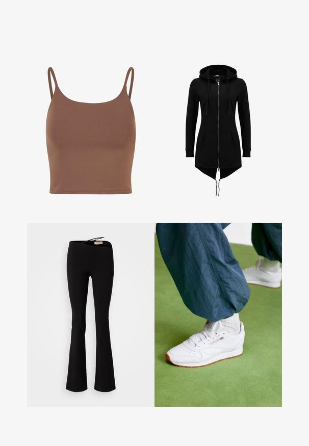 Veste à capuche longue noire avec fermeture éclair complète à l’avant, capuche avec cordon, poches kangourou, manches longues et ourlet asymétrique avec dos allongé.; Crop top marron en tissu lisse avec des bretelles fines et réglables. Présente un col rond et une silhouette ajustée.; Pantalons noirs évasés en tissu doux avec une taille élastique et une texture lisse, conçus pour épouser les cuisses et s'évaser au niveau de l'ourlet.; Baskets blanches à finition en cuir lisse, design minimaliste, semelle en caoutchouc gomme et petit logo rouge sur le côté, associées à un pantalon bleu texturé.