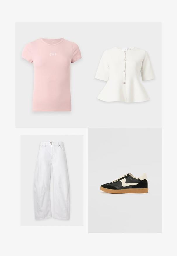 Blouse blanche à manches courtes avec basque, col rond et quatre boutons décoratifs argentés sur le devant.; T-shirt côtelé rose clair à manches courtes, col rond avec logo GAP blanc centré sur la poitrine.; Pantalon blanc à jambes larges avec ceinture, poches avant et coutures visibles au niveau des genoux, présenté sur un fond uni.; Baskets en daim et cuir noir avec un swoosh latéral crème et un talon crème clair. Dotées de lacets beige et d'une semelle en caoutchouc gomme.