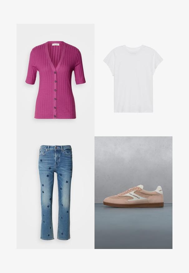 Ribbet, kortærmet cardigan i livlig magenta, med dyb V-hals, seks knaplukninger og kontrastbrune knapper.; Hvid kortærmet t-shirt med rund hals, afslappet pasform, lavet af blødt bomuldsstof. Glat tekstur, ingen mønstre eller logoer.; Lysblå denimjeans med lige ben, prydet med marineblå blomsterbroderi og slitageeffekter nær lommerne og kanten.; Lyserød Karl Lagerfeld-sneaker med meshpaneler og hvide detaljer, svævende over trægulve udendørs med sløret grøn baggrund.