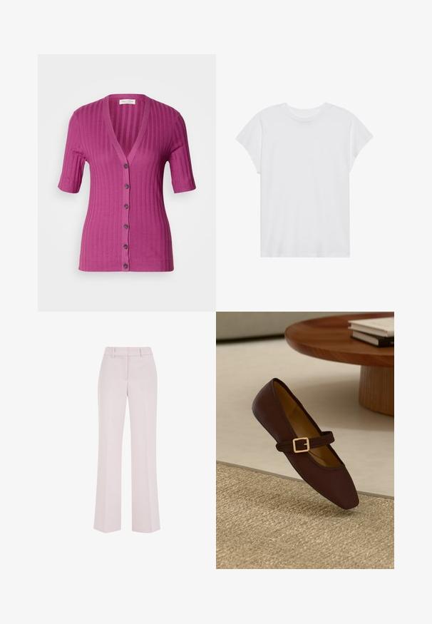 Cardigan à manches courtes, côtelé, de couleur magenta éclatant, avec un décolleté en V profond, fermeture à six boutons et boutons contrastants marron.; T-shirt blanc à manches courtes, col rond, coupe décontractée, en tissu de coton doux. Texture lisse, sans motifs ni logos.; Pantalon rose pâle à jambes droites avec passants de ceinture et détails de couture avant, présenté sur un fond blanc.; Chaussure plate en cuir marron avec un bout pointu et une sangle décorative ornée d'une boucle en or. Fond en texture tissée beige chaud.