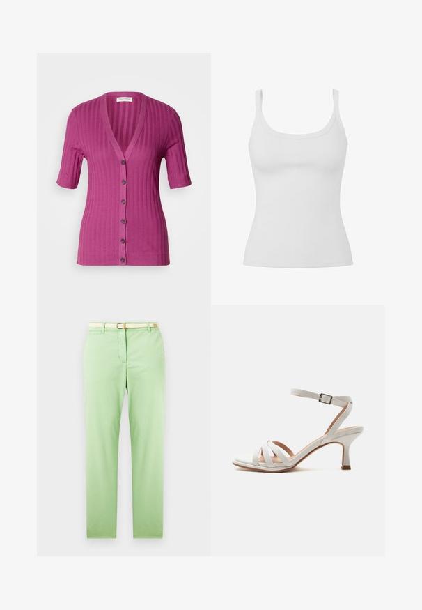 Cardigan à manches courtes, côtelé, de couleur magenta éclatant, avec un décolleté en V profond, fermeture à six boutons et boutons contrastants marron.; Débardeur blanc à côtes avec un col en ronde, des bretelles étroites et une silhouette ajustée, présentant une texture lisse et sans embellissements.; Pantalon en coton vert clair avec une coupe droite, doté d'une ceinture tissée beige, de poches avant et sans motifs ni ornements visibles.; Sandale blanche à talon moyen avec trois brides à l'avant, une bride à la cheville avec une boucle argentée, et un talon légèrement incurvé sur un fond uni.