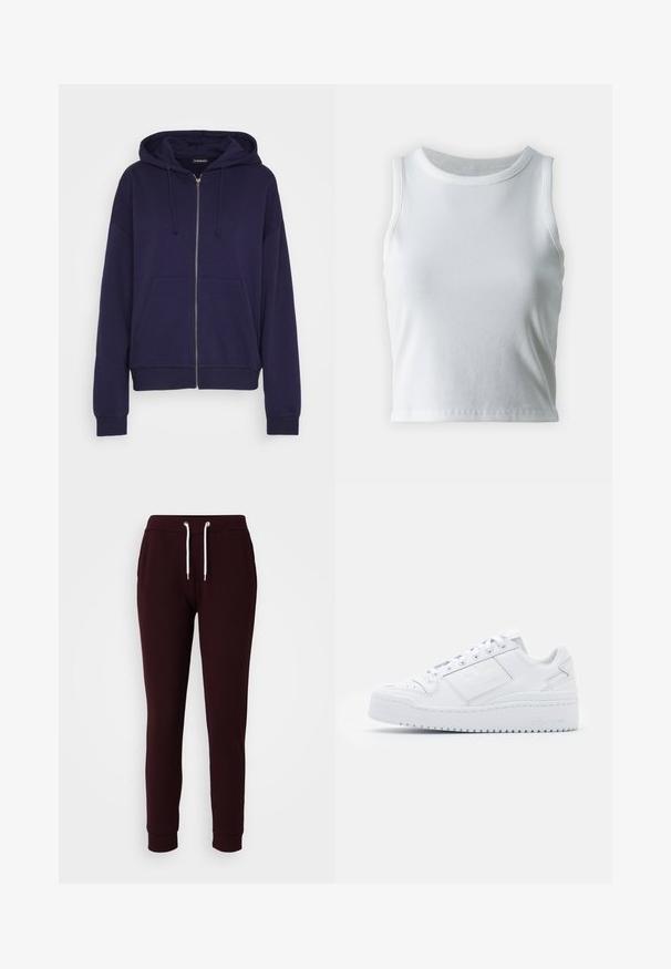 Even&Odd OVERSIZE HOODIE - Hættetrøje - dark blue; Hvid ribbet tanktop med rund halsudskæring og ærmeløs design, med en lige kant og en glat, strækbar tekstur.; Bordeaux sweatpants lavet af en bomuldsblanding, med elastisk taljebånd og snøring, to sidelommer og smalle ribkanter.; Hvide lædersneakers med en glat overflade, rund tå, lavsnit, snørebånd og en platformsolet, der har diskret branding på siden.