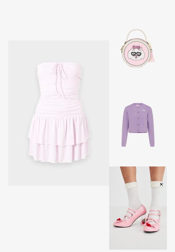 Lila gebreid cropped vest met lange mouwen, ronde hals, knopen aan de voorkant en een klein wit strikdetail op de borst.; Strapless lichtroze mini-jurk met geplooid lijfje, strikdetail aan de voorkant en een dubbele laag met ruches rok.; Roze gepatineerde leren hakken met een ronde neus, drie bandjes en kersenversieringen. Heldere blokhak met florale accenten. Witte geribbelde sokken.; Ronde roze handtas met een wit en roze hondengezicht met glinsterstrik en hartvormige bril, een bovenhandvat en een zijkant tassel ritsluiting.
