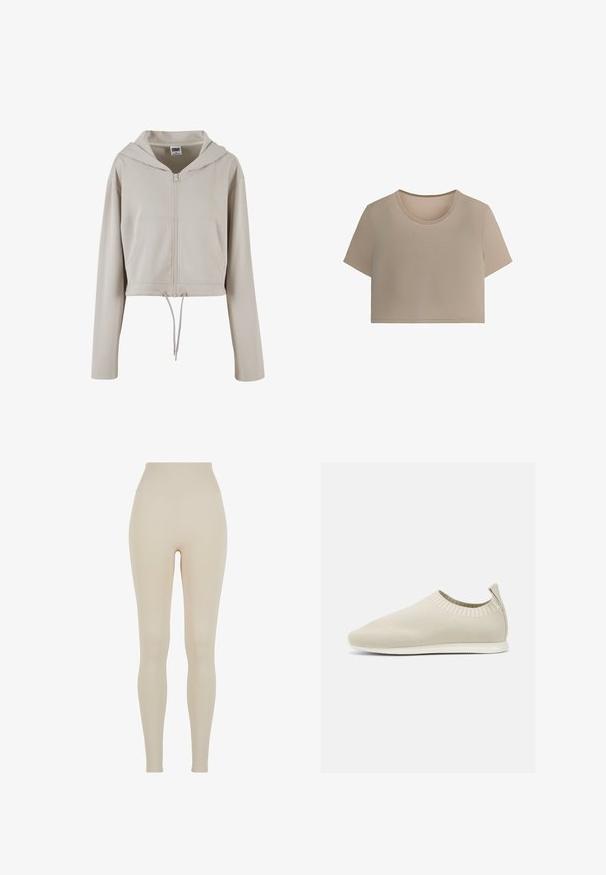 Haut en hoodie beige coupé, avec une fermeture éclair à l'avant, des manches longues, deux poches avant et un cordon de serrage au bas, fabriqué en tissu lisse.; Top beige à manches courtes et courte avec encolure ronde et couture simple, présenté sur un fond blanc uni.; Leggings beiges en tissu extensible avec une taille haute ; texture lisse, silhouette ajustée, sans motifs ni détails matériels visibles.; Chaussure slip-on en tricot beige avec profil bas, tige texturée et semelle flexible. Présente un design tissé autour de la cheville pour plus de confort.